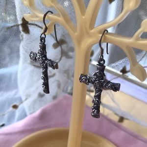Sterling Silver Cross and Roses Earrings